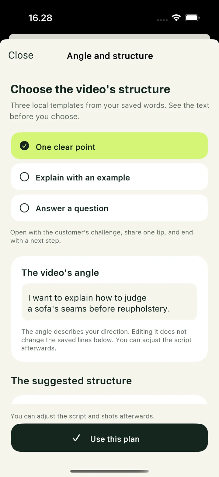 Choose the video's structure: One clear point, Explain with an example, or Answer a question