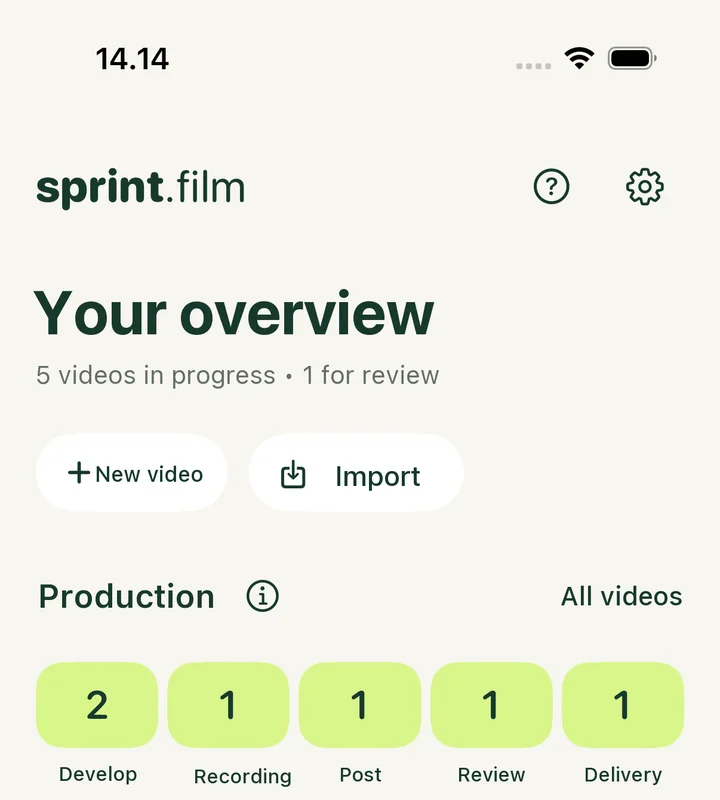 Your overview in the app: videos sorted into Develop, Recording, Post, Review and Delivery